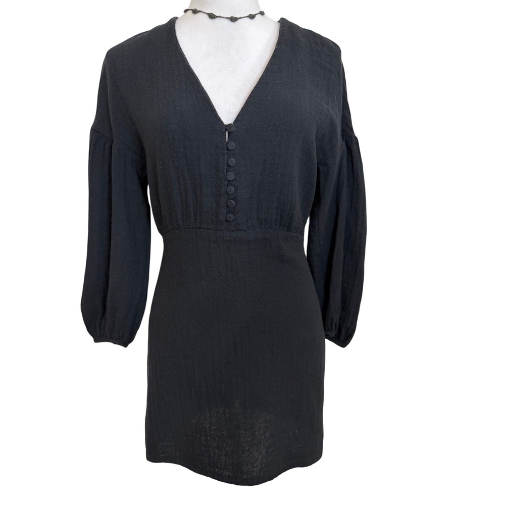 Zara Black Gauze V Neck Mini Dress Balloon Sleeve Goth Ren Faire Dark Fairy S